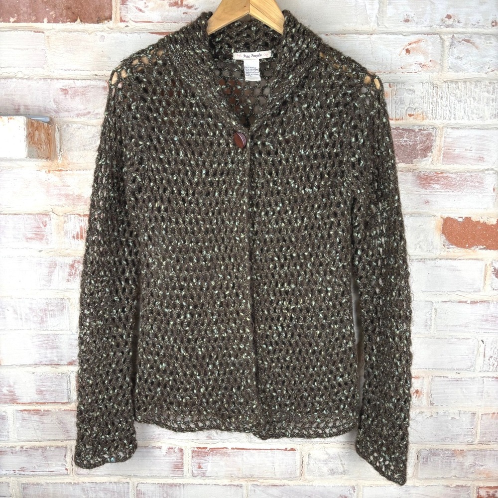 Vintage Free People Marled Brown Open Knit Mohair Blend Cardigan Single Button